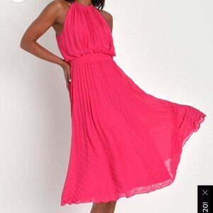 Lulu's Gorgeous Day Pink Pleated Halter Midi Dress